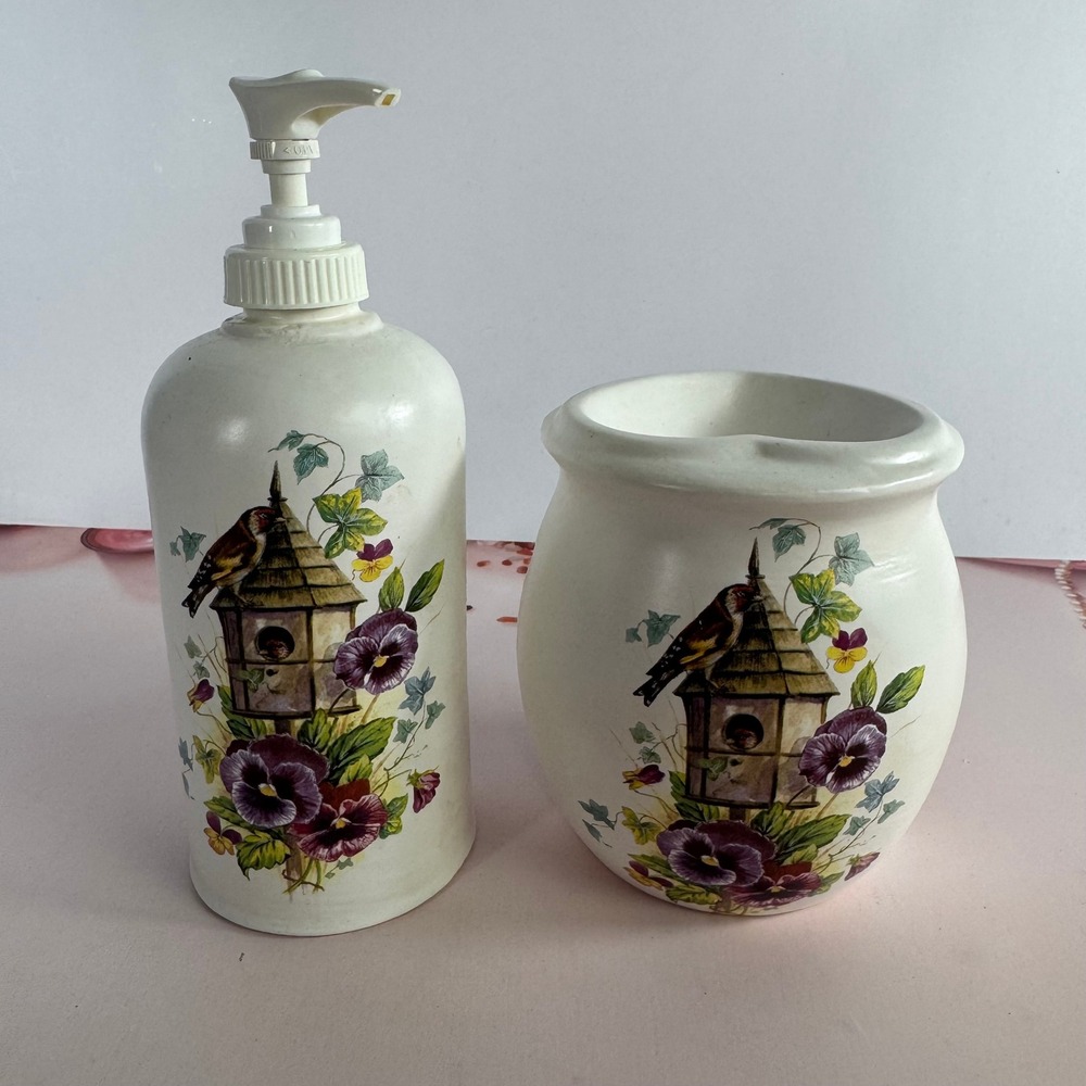 Vintage Birdhouse Pansy Ceramic Soap Dispenser and Heart Wax Warmer Set White